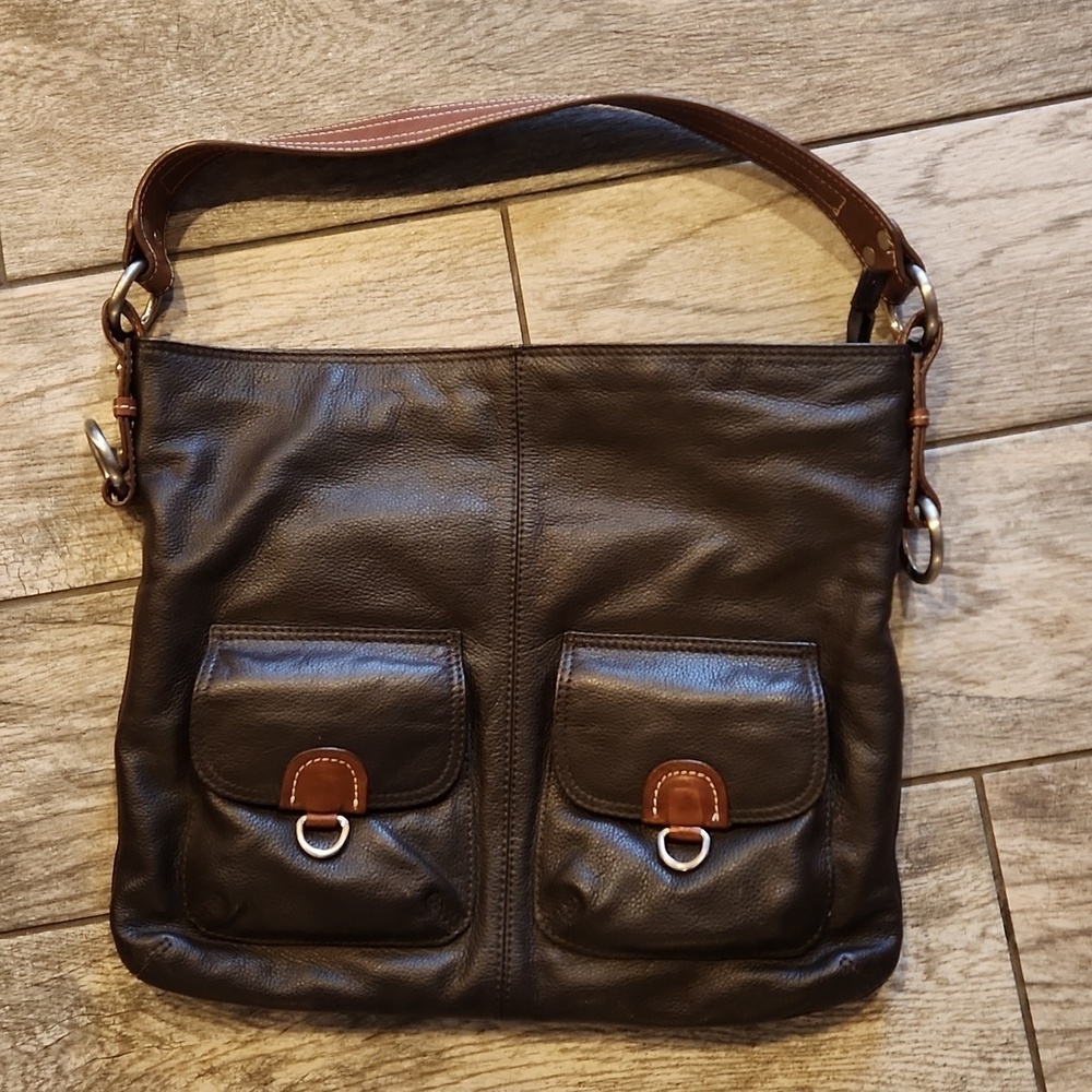 Nino Bossi Chocolate Brown Pebble Leather Hobo Bag - Floral Lining